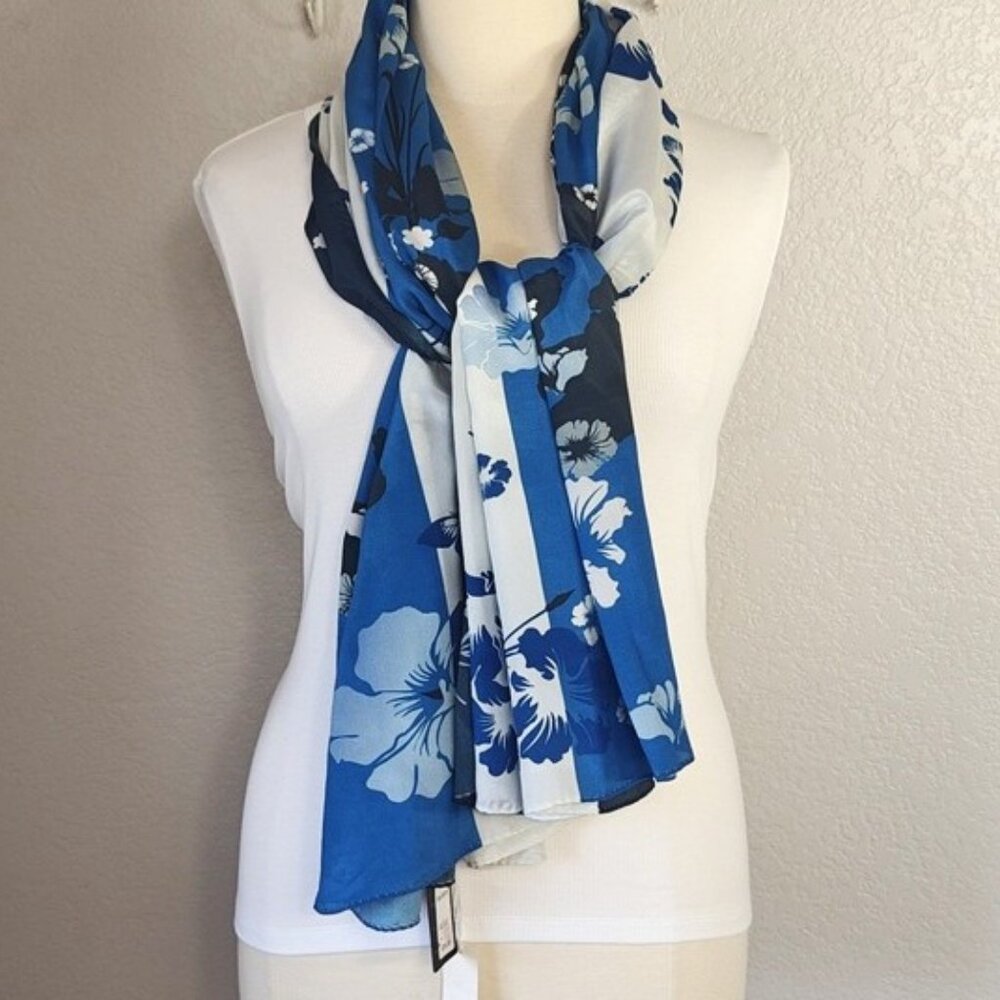 Jenny James Silk Scarf Blue Florals 65"x  41"